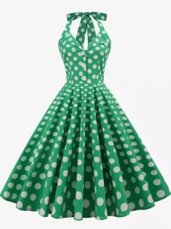 Vintage 1950s Polka Dot Midi Swing Dress for Women - Halter Neck A-Line Rockabilly Pinup Sun Dress - Holiday Picnic 2026