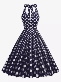 Vintage 1950s Polka Dot Midi Swing Dress for Women - Halter Neck A-Line Rockabilly Pinup Sun Dress - Holiday Picnic 2026