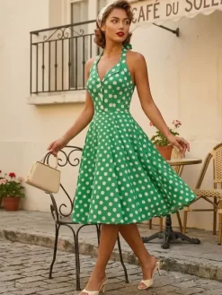 Vintage 1950s Polka Dot Midi Swing Dress for Women - Halter Neck A-Line Rockabilly Pinup Sun Dress - Holiday Picnic 2026