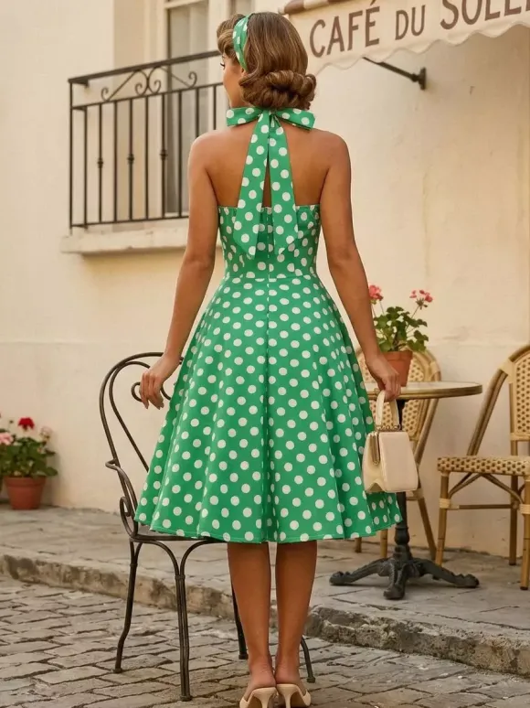 Vintage 1950s Polka Dot Midi Swing Dress for Women - Halter Neck A-Line Rockabilly Pinup Sun Dress - Holiday Picnic 2026