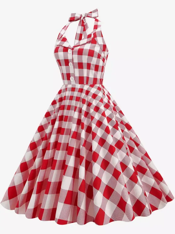 Vintage 1950s Polka Dot Midi Swing Dress for Women - Halter Neck A-Line Rockabilly Pinup Sun Dress - Holiday Picnic 2026