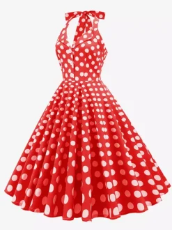Vintage 1950s Polka Dot Midi Swing Dress for Women - Halter Neck A-Line Rockabilly Pinup Sun Dress - Holiday Picnic 2026