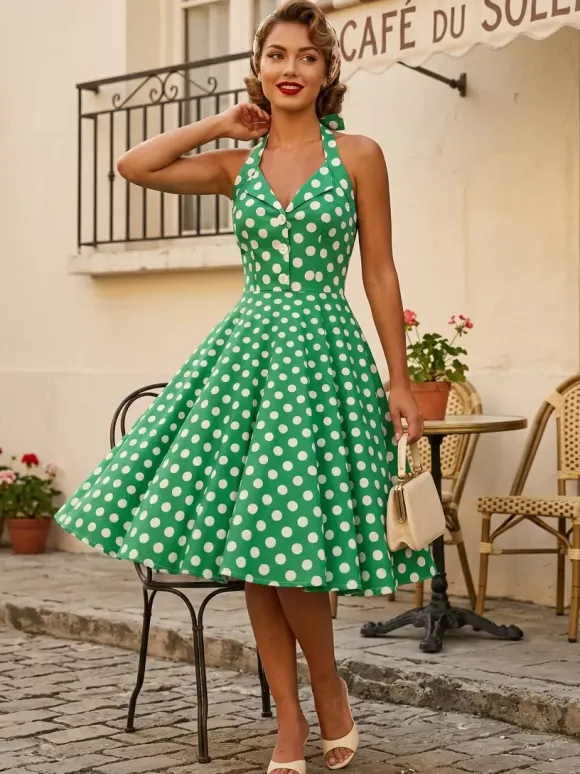 Vintage 1950s Polka Dot Midi Swing Dress for Women - Halter Neck A-Line Rockabilly Pinup Sun Dress - Holiday Picnic 2026
