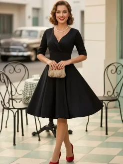 Vintage 1950s Swing Cocktail Dress for Women - V Neck Short Sleeve A-Line Ruched Bust Rockabilly Midi Gown - Wedding Guest 2026