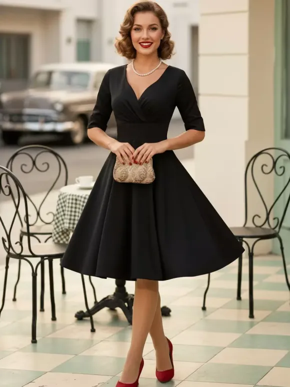 Vintage 1950s Swing Cocktail Dress for Women - V Neck Short Sleeve A-Line Ruched Bust Rockabilly Midi Gown - Wedding Guest 2026