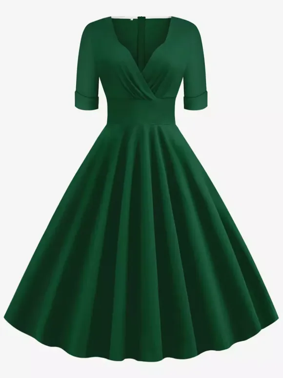 Vintage 1950s Swing Cocktail Dress for Women - V Neck Short Sleeve A-Line Ruched Bust Rockabilly Midi Gown - Wedding Guest 2026