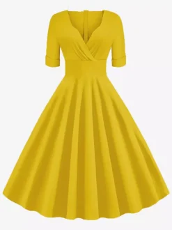 Vintage 1950s Swing Cocktail Dress for Women - V Neck Short Sleeve A-Line Ruched Bust Rockabilly Midi Gown - Wedding Guest 2026