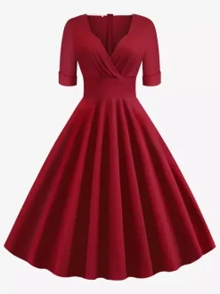 Vintage 1950s Swing Cocktail Dress for Women - V Neck Short Sleeve A-Line Ruched Bust Rockabilly Midi Gown - Wedding Guest 2026