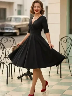 Vintage 1950s Swing Cocktail Dress for Women - V Neck Short Sleeve A-Line Ruched Bust Rockabilly Midi Gown - Wedding Guest 2026