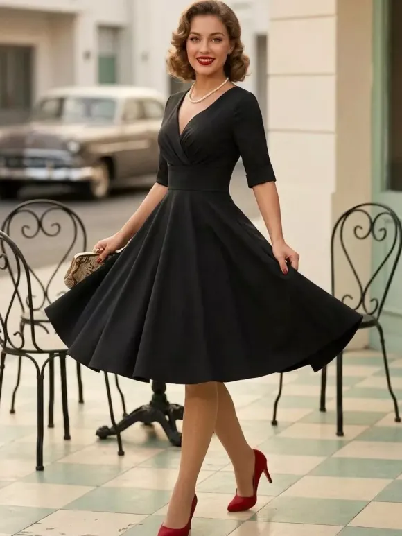 Vintage 1950s Swing Cocktail Dress for Women - V Neck Short Sleeve A-Line Ruched Bust Rockabilly Midi Gown - Wedding Guest 2026