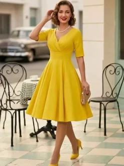 Vintage 1950s Swing Cocktail Dress for Women - V Neck Short Sleeve A-Line Ruched Bust Rockabilly Midi Gown - Wedding Guest 2026