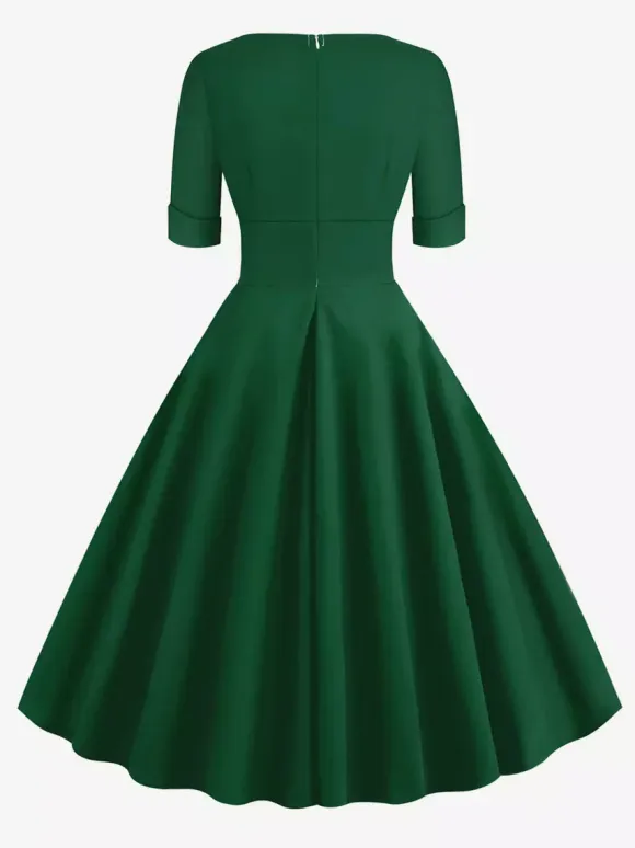 Vintage 1950s Swing Cocktail Dress for Women - V Neck Short Sleeve A-Line Ruched Bust Rockabilly Midi Gown - Wedding Guest 2026