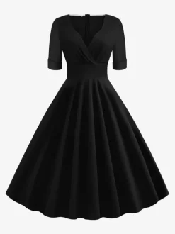 Vintage 1950s Swing Cocktail Dress for Women - V Neck Short Sleeve A-Line Ruched Bust Rockabilly Midi Gown - Wedding Guest 2026