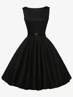 Vintage 1950s Swing Cocktail Dress Women - Sleeveless Boat Neck A-Line Belted Audery Style Midi Gown - Wedding Guest 2026