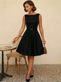 Vintage 1950s Swing Cocktail Dress Women - Sleeveless Boat Neck A-Line Belted Audery Style Midi Gown - Wedding Guest 2026