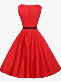 Vintage 1950s Swing Cocktail Dress Women - Sleeveless Boat Neck A-Line Belted Audery Style Midi Gown - Wedding Guest 2026