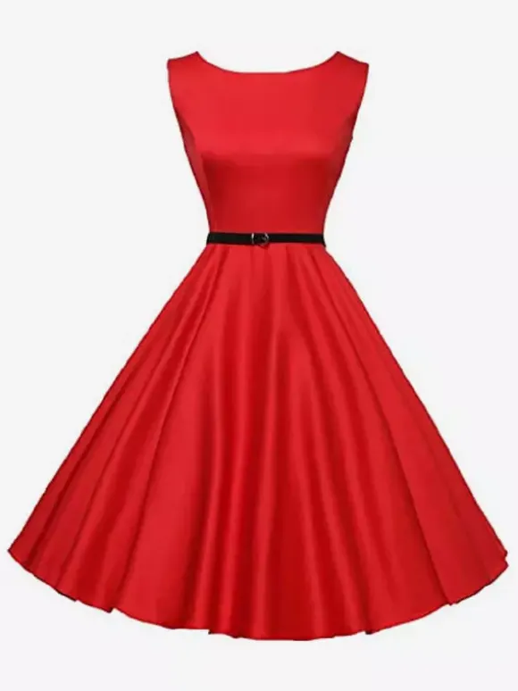 Vintage 1950s Swing Cocktail Dress Women - Sleeveless Boat Neck A-Line Belted Audery Style Midi Gown - Wedding Guest 2026