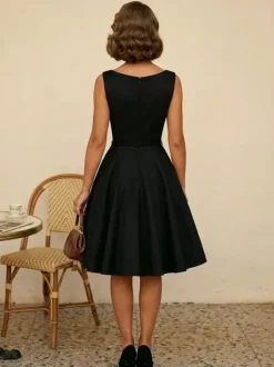 Vintage 1950s Swing Cocktail Dress Women - Sleeveless Boat Neck A-Line Belted Audery Style Midi Gown - Wedding Guest 2026