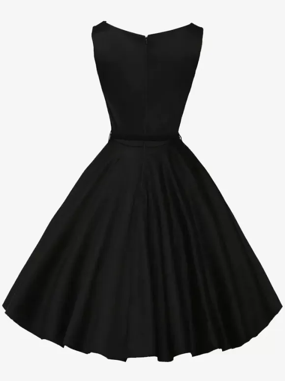Vintage 1950s Swing Cocktail Dress Women - Sleeveless Boat Neck A-Line Belted Audery Style Midi Gown - Wedding Guest 2026