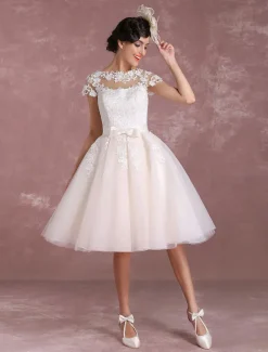 Vintage Short Wedding Dresses Lace Applique Bridal Gown Illusion Bow Sash Bridal Dress Free Customization