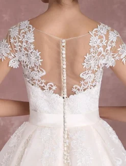 Vintage Short Wedding Dresses Lace Applique Bridal Gown Illusion Bow Sash Bridal Dress Free Customization