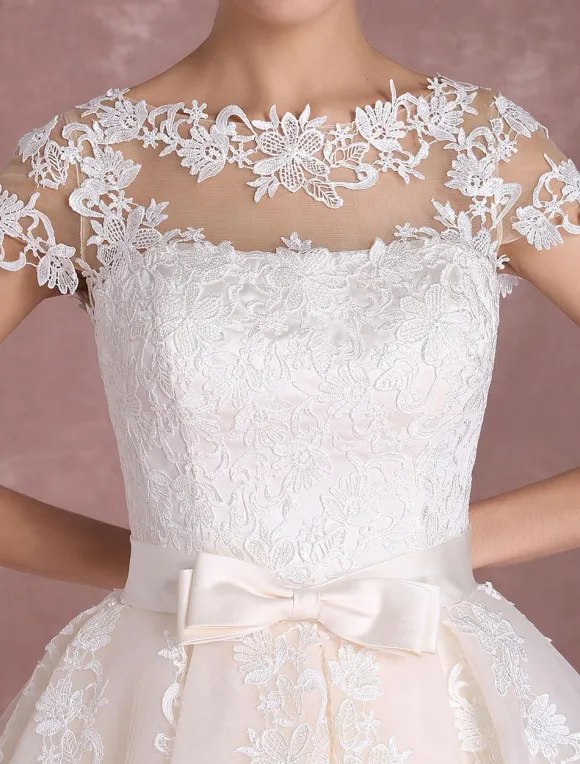 Vintage Short Wedding Dresses Lace Applique Bridal Gown Illusion Bow Sash Bridal Dress Free Customization