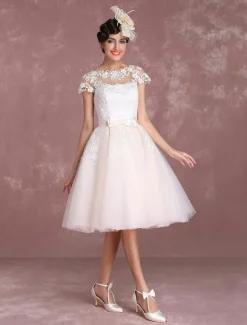 Vintage Short Wedding Dresses Lace Applique Bridal Gown Illusion Bow Sash Bridal Dress Free Customization