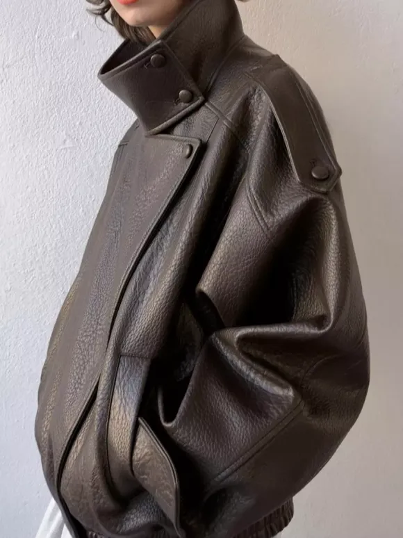 Vintage Solid Black Brown Faux Leather Bomber Relaxed Elastic Waist Hem Jacket