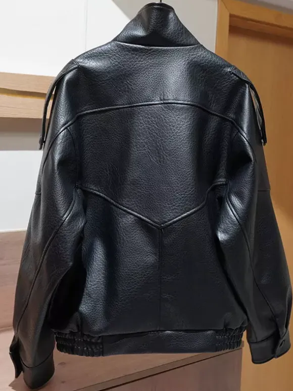Vintage Solid Black Brown Faux Leather Bomber Relaxed Elastic Waist Hem Jacket