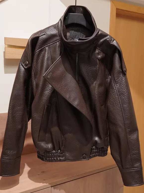 Vintage Solid Black Brown Faux Leather Bomber Relaxed Elastic Waist Hem Jacket