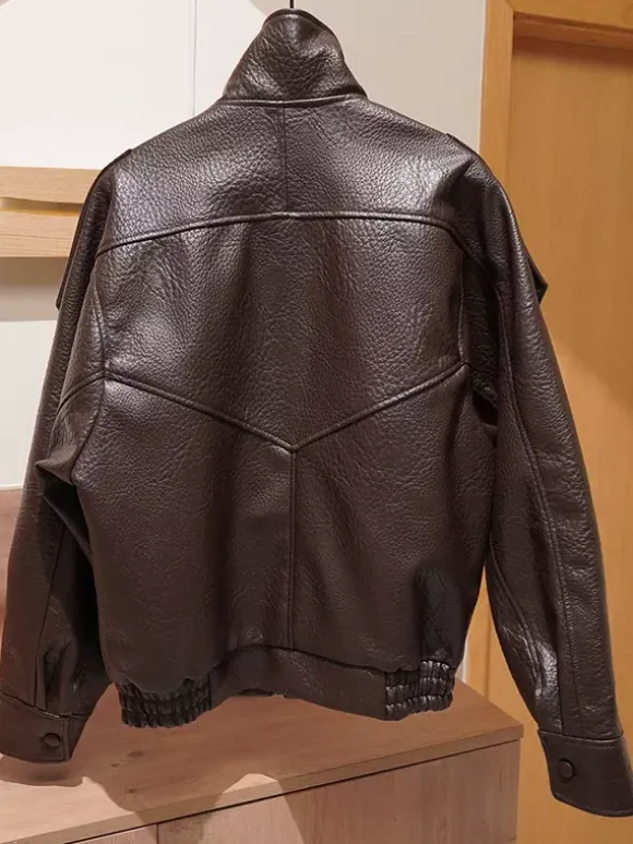 Vintage Solid Black Brown Faux Leather Bomber Relaxed Elastic Waist Hem Jacket