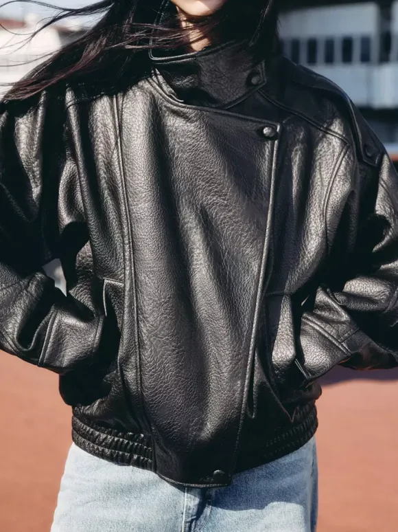 Vintage Solid Black Brown Faux Leather Bomber Relaxed Elastic Waist Hem Jacket