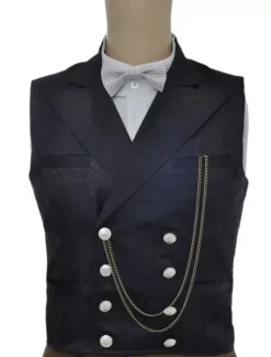 Vintage Steampunk Waistcoat Black Men's Double Breasted Pocket Watch Chain Back Strap Jacquard Retro Suit Vest Carnival