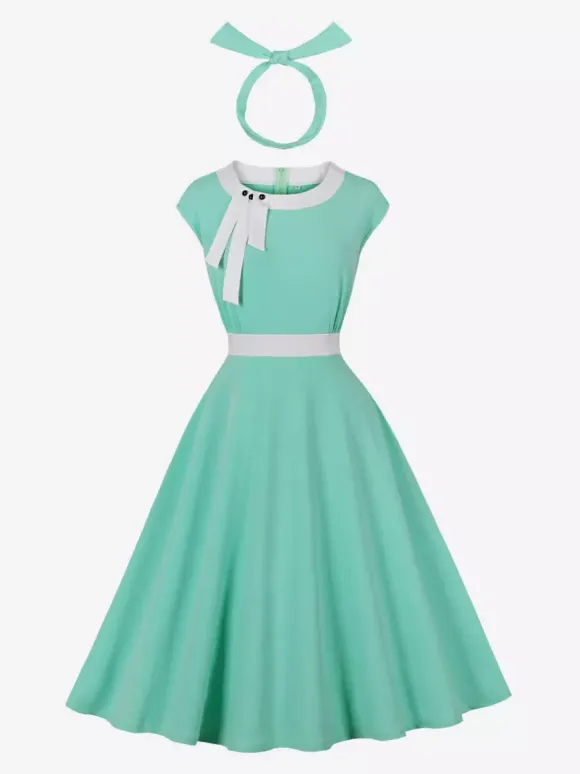 Vintage Swing Dress Women's 1950s Contrast Trim Bow Neck Tea Party Dress