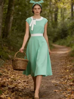 Vintage Swing Dress Women's 1950s Contrast Trim Bow Neck Tea Party Dress
