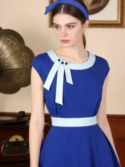 Vintage Swing Dress Women's 1950s Contrast Trim Bow Neck Tea Party Dress