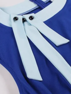 Vintage Swing Dress Women's 1950s Contrast Trim Bow Neck Tea Party Dress