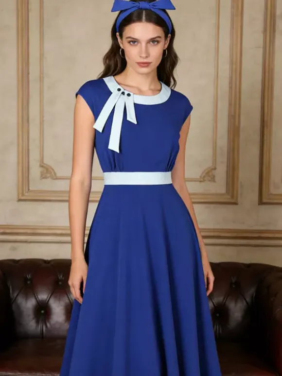 Vintage Swing Dress Women's 1950s Contrast Trim Bow Neck Tea Party Dress