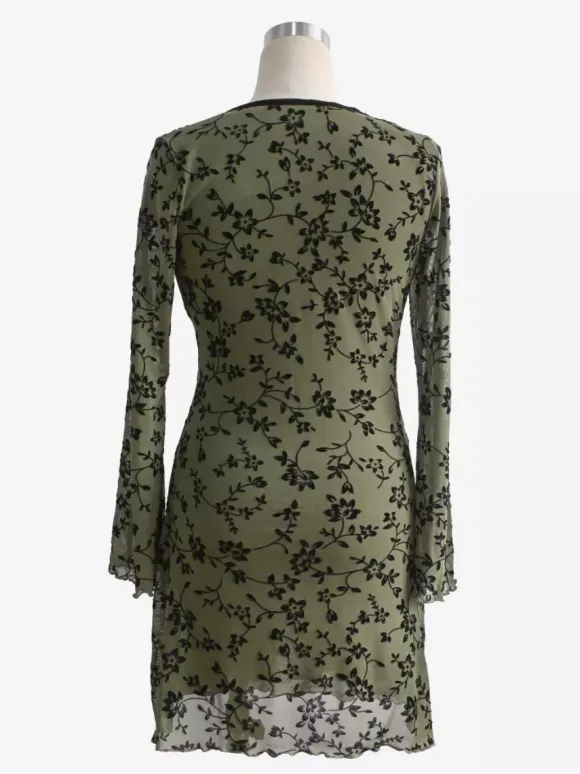 Vintage V Neck Flocked Floral Flare Sleeve Mini Dress For Women 2026