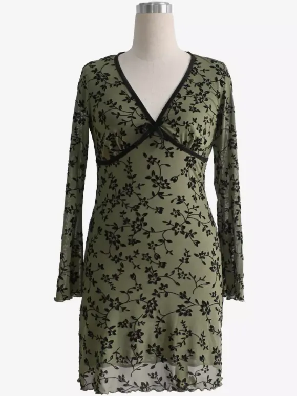 Vintage V Neck Flocked Floral Flare Sleeve Mini Dress For Women 2026