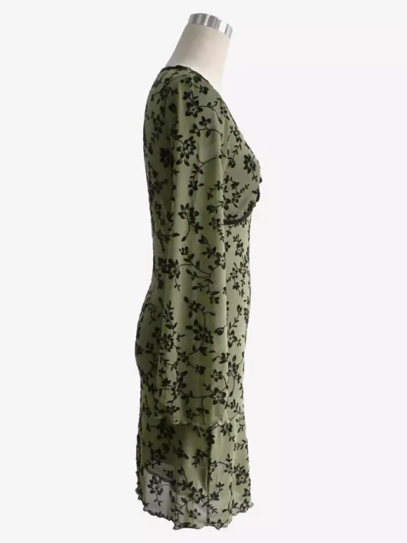 Vintage V Neck Flocked Floral Flare Sleeve Mini Dress For Women 2026