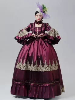 Vintage Victorian Dress Marie Antoinette Style Emboridery Skirt Flare Long Sleeves Vintage Gown