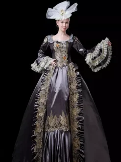 Vintage Victorian Rococo Womens Dress Flared Lace Trim Sleeves Ball Gown Dress