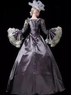 Vintage Victorian Rococo Womens Dress Flared Lace Trim Sleeves Ball Gown Dress