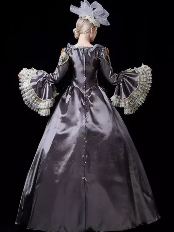 Vintage Victorian Rococo Womens Dress Flared Lace Trim Sleeves Ball Gown Dress
