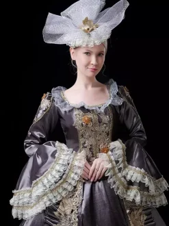 Vintage Victorian Rococo Womens Dress Flared Lace Trim Sleeves Ball Gown Dress