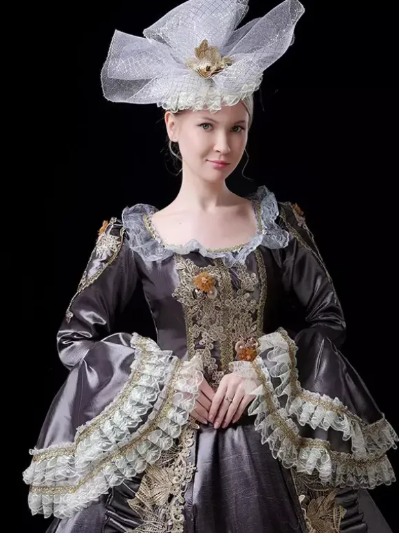 Vintage Victorian Rococo Womens Dress Flared Lace Trim Sleeves Ball Gown Dress