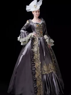 Vintage Victorian Rococo Womens Dress Flared Lace Trim Sleeves Ball Gown Dress