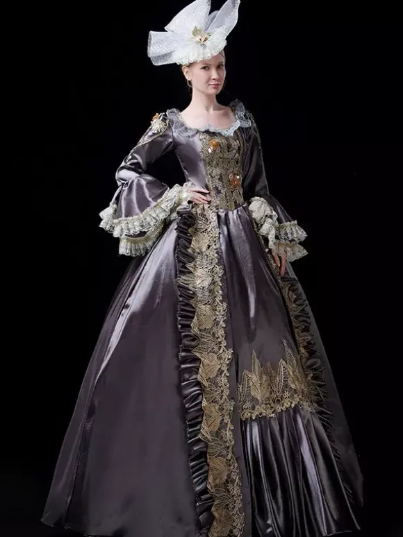 Vintage Victorian Rococo Womens Dress Flared Lace Trim Sleeves Ball Gown Dress