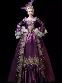 Vintage Victorian Rococo Womens Dress Flared Lace Trim Sleeves Ball Gown Dress